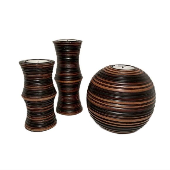 Multi-Wood Toned Three Piece Candle Holder Set - Picture 1 of 7